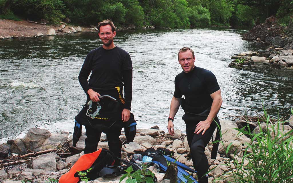 Andy Torbet on the banks of the river Severn with friend Raz