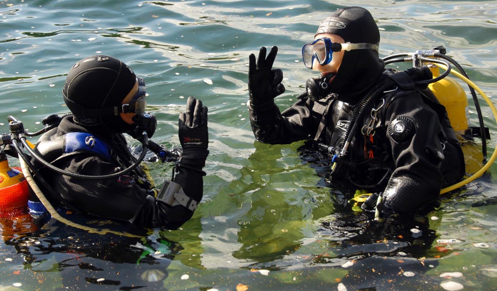 Instructor with students in open water training