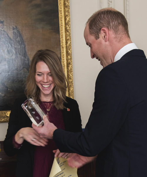 The Duke of Cambridge meets Rachel Bynoe, leader of a diving project on fossils in the North Sea that won the 2019 Duke of Cambridge Scuba Prize