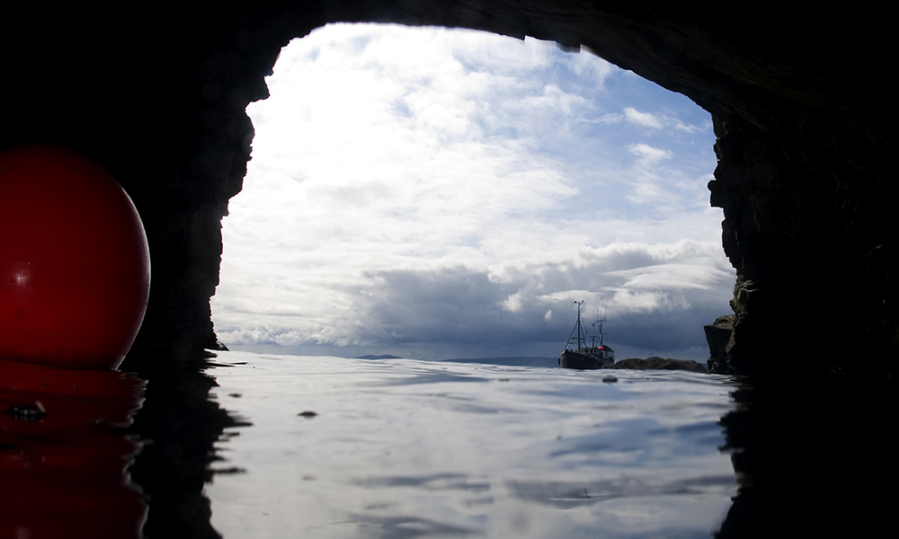 View from within a diving cave in Shetland