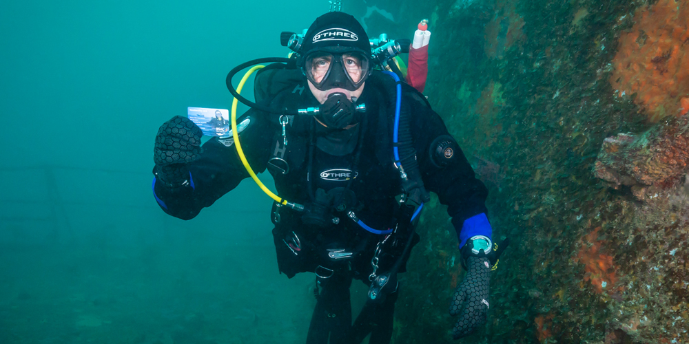Image of first BSAC member to take up the O'Three drysuit and BSAC membership offer