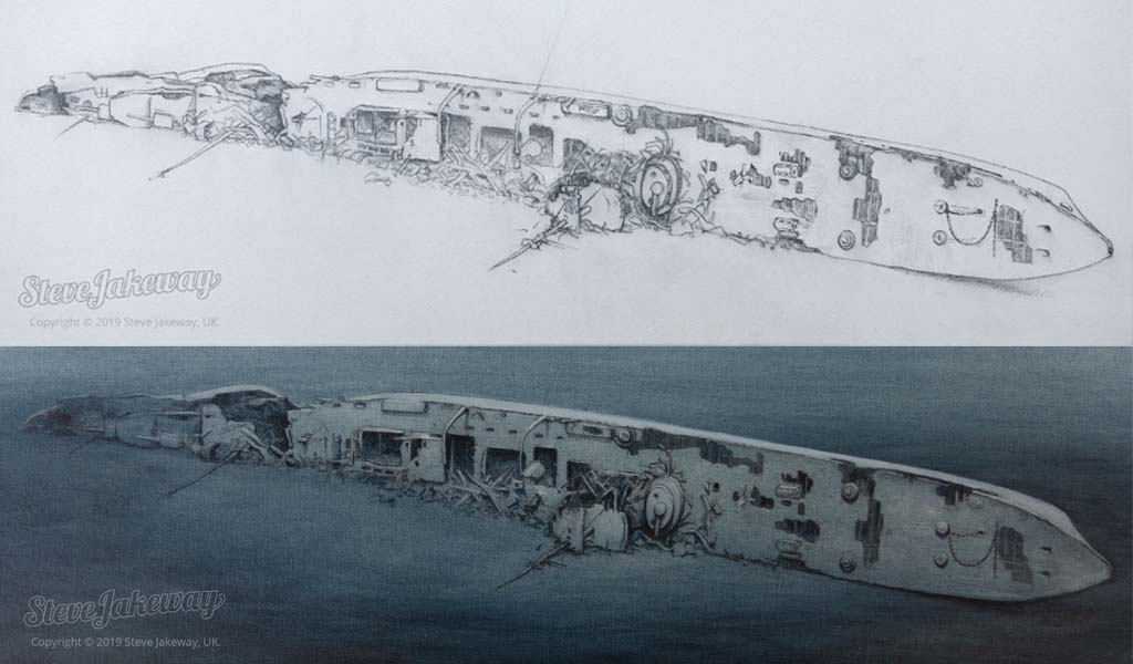 SMS Cöln - sketch and painting by Steve Jakeway