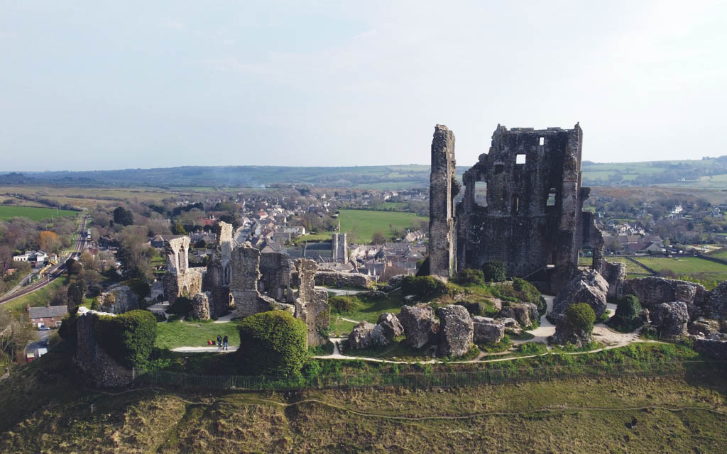 Aerial view of Corfe Castle ruins, near Swanage