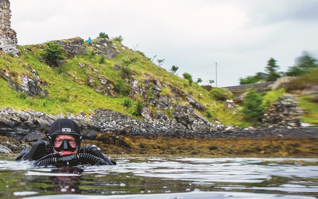 Diver surfacing in full gear: Andy Clark at Hobbs Point