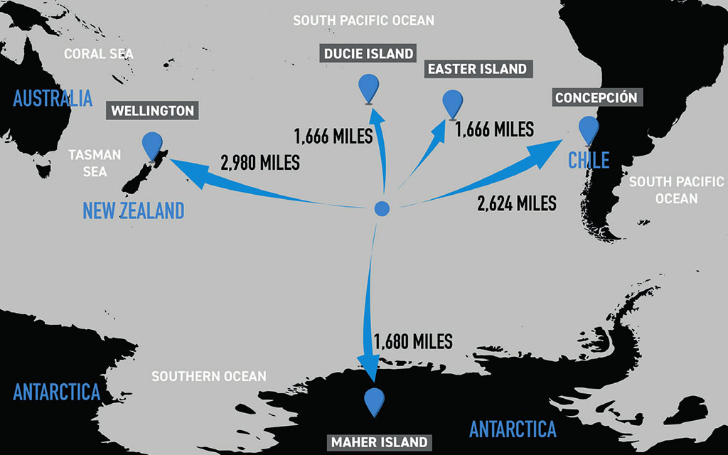 world map centred at a midpoint in the south pacific, marking distances from nearest landmarks