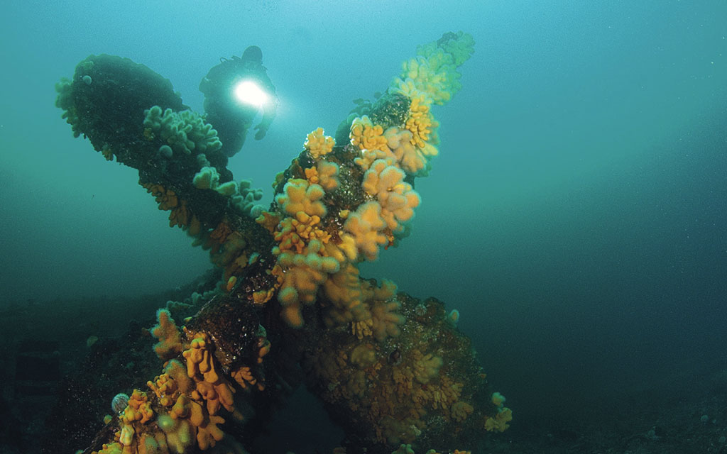 Diver in blue waters inspecting a barnacle covered propeller wreck with a flashlight