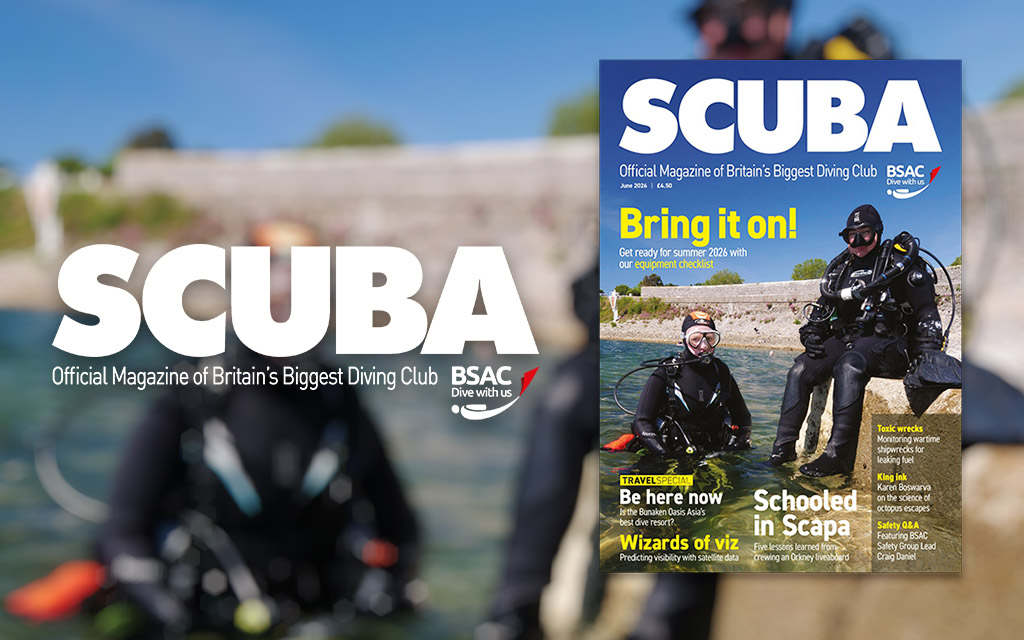iSCUBA 166 cover: Two fully kitted out scuba divers on a sunny concrete pier ready to dive