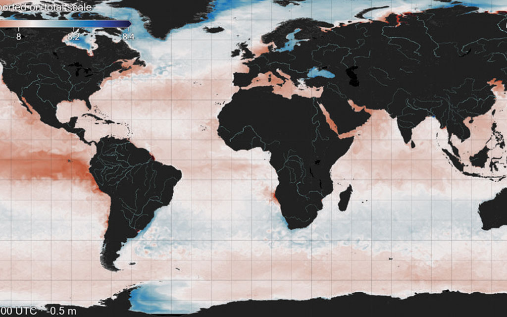 Maprs showing the levels of ocean acidity for 1994 compared to 2026