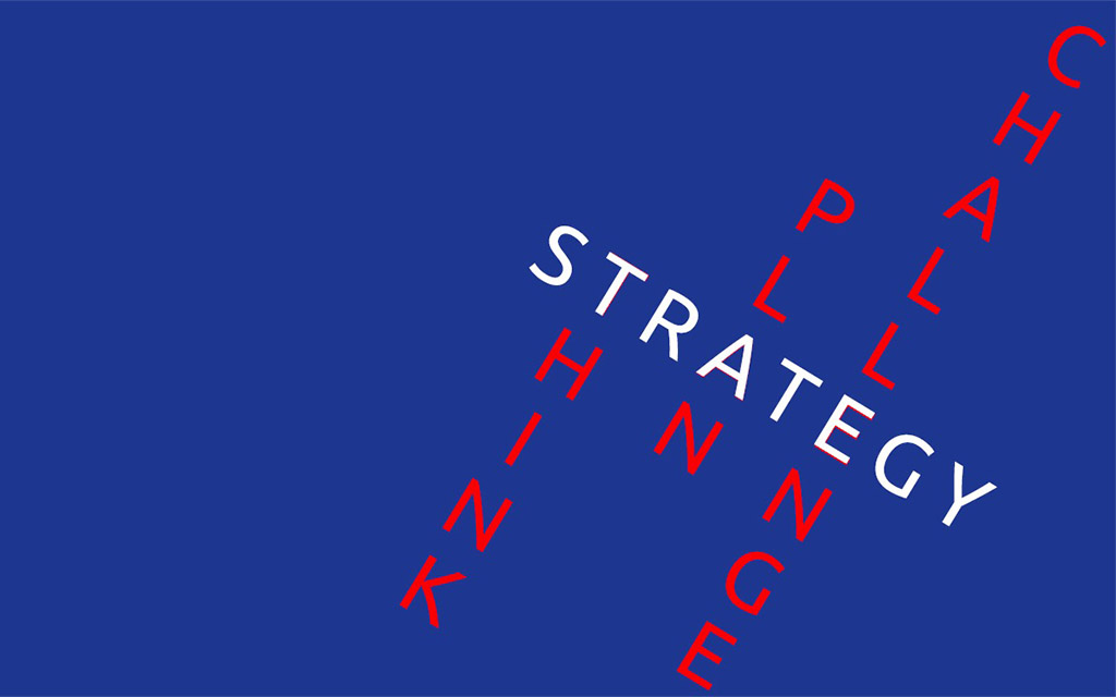 blue background, the word strategy with the words 