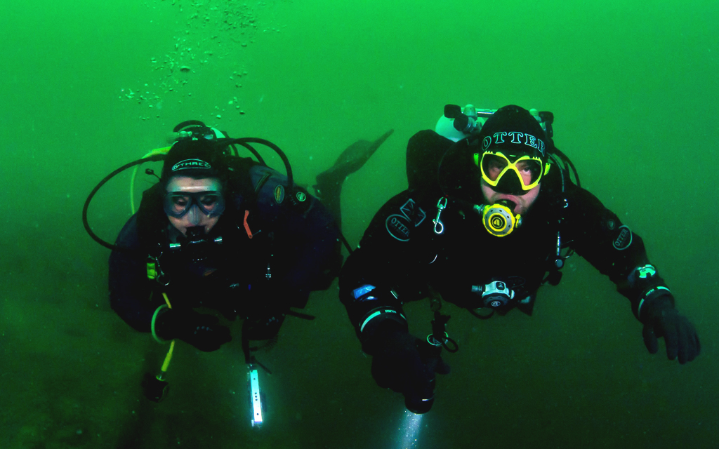 Two scuba divers, mid-dive, illuminated by the flash from the camera. Green, murky waters in the background.