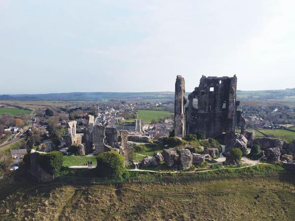 Aerial view of Corfe Castle ruins, near Swanage