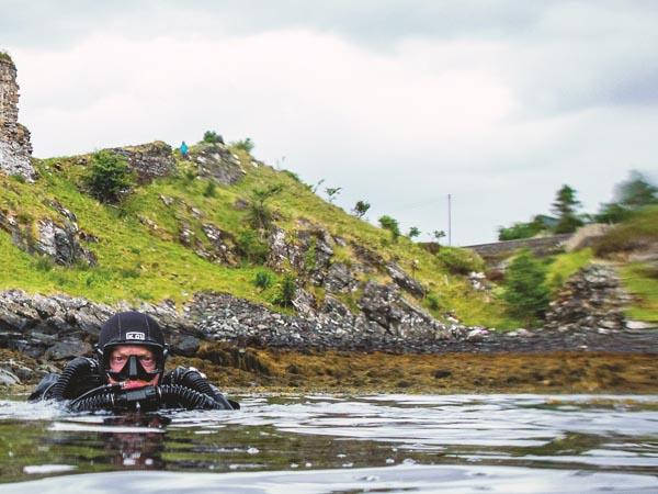 Diver surfacing in full gear: Andy Clark at Hobbs Point