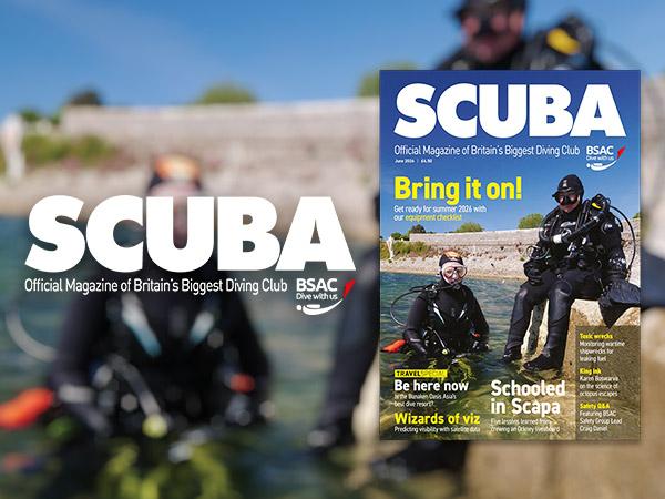 iSCUBA 166 cover: Two fully kitted out scuba divers on a sunny concrete pier ready to dive