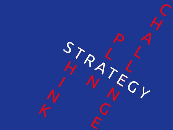 blue background, the word strategy with the words 