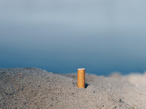 A cigarette butt sticking out of sand at the seaside.