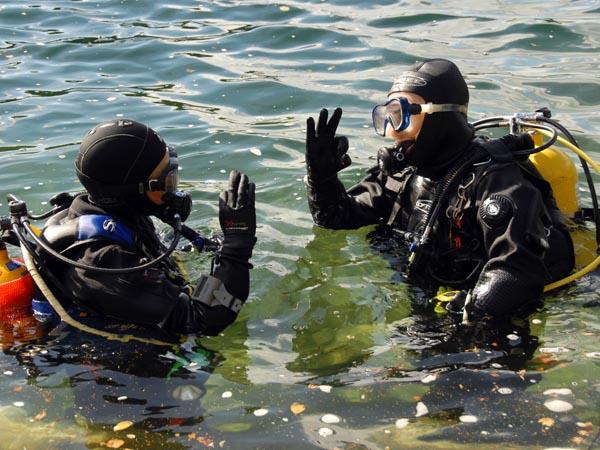 Instructor with students in open water training