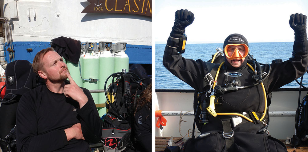 Lee Chapman ponders big diving questions (left) Ollie Burke celebrates a training dive (right)