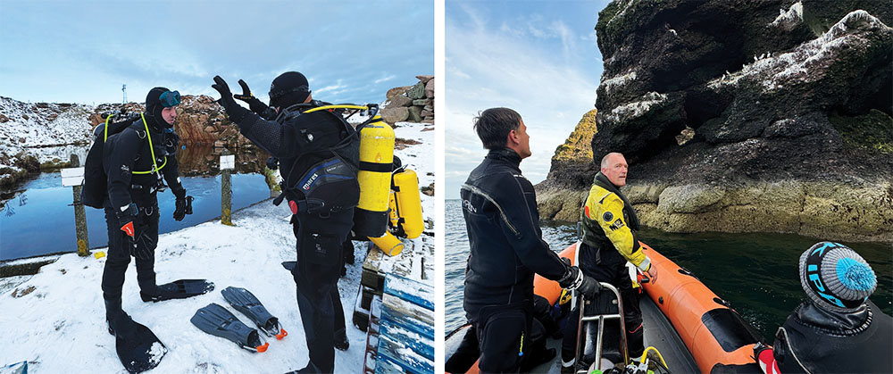 George Irvine-Sisk and Ollie Burke at the granite quarry (left) Paul Haynes, George IrvineSisk and Heather Todd under the cliffs near Stonehaven (right)