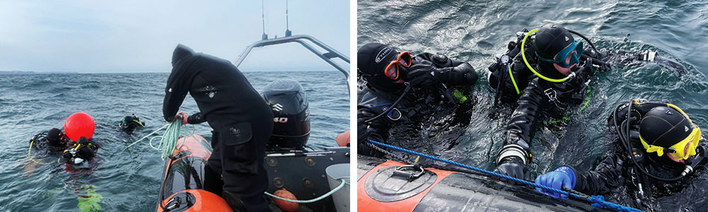 Getting to the shot, local wreck dive (left) Returning to the RIB (right)