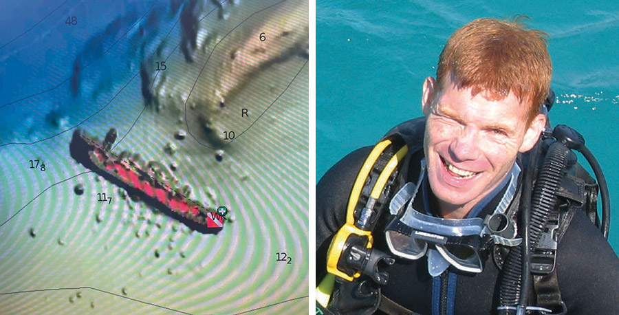 Left: A scan of the wreck, Right: Richard Hill in full kit and blue waters