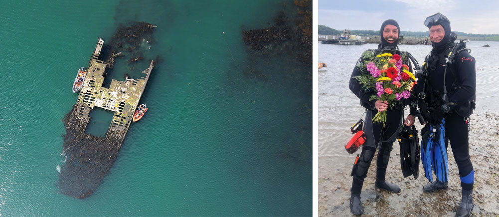 Left: Club Dive on Empire Tana (aka Outer Lees), Portaferry | Right:Tim Boyd and Dale Aiken, D-Day commemoration, Empire Tana