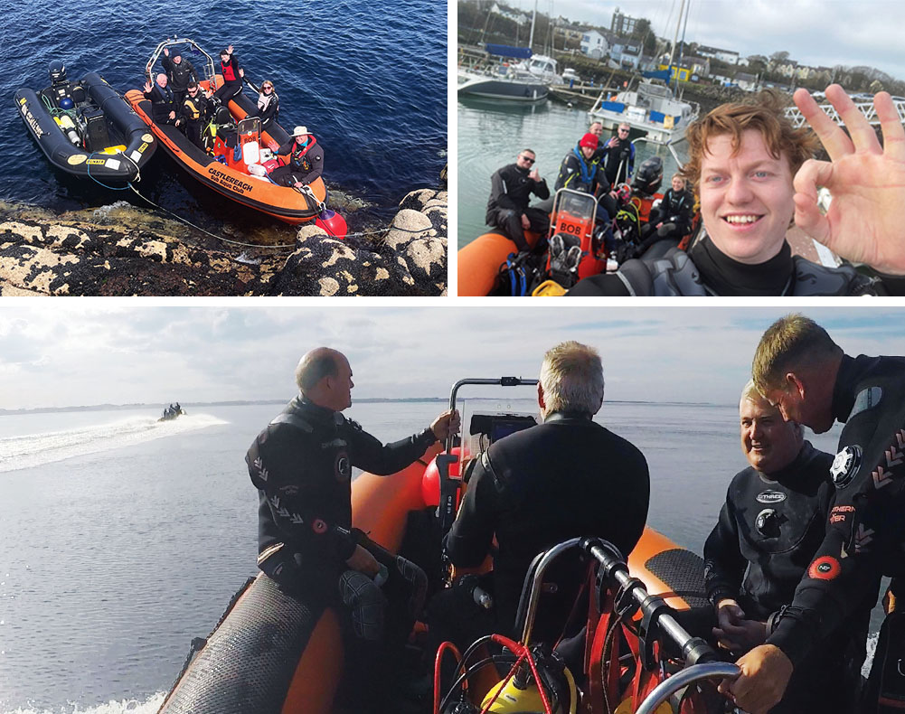 Clockwise: Dive Leader training at Clifden, west coast of Ireland | Austyn Finnegan and other divers leaving Ardglass | Club RIBs leaving Strangford Lough