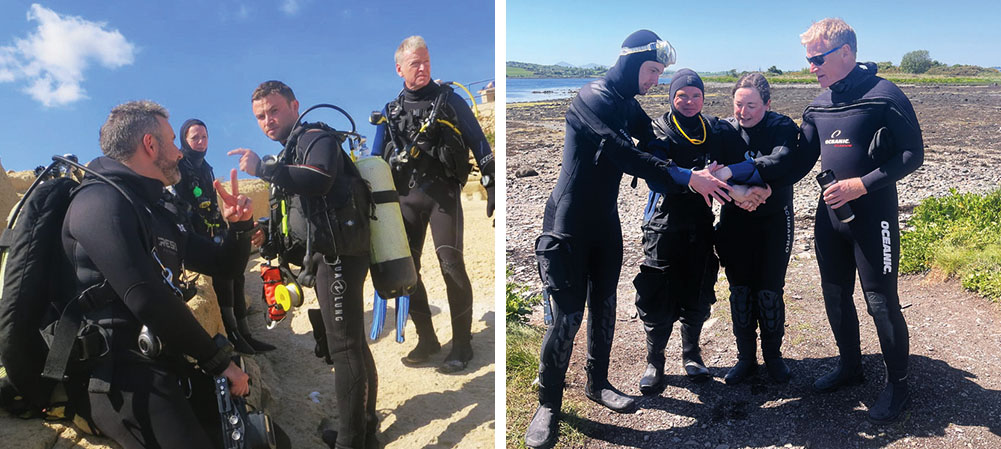 Left: CSAC divers planning next dive in Gozo | Right: Congratulating newly qualified Ocean Divers, Dan and Caroline