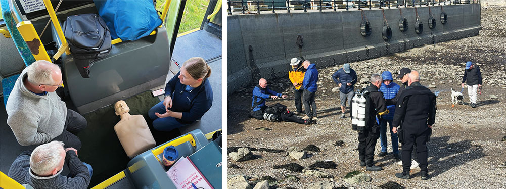 Left: Automated external defibrillator (AED) lesson | Right: The Rescue Workshop