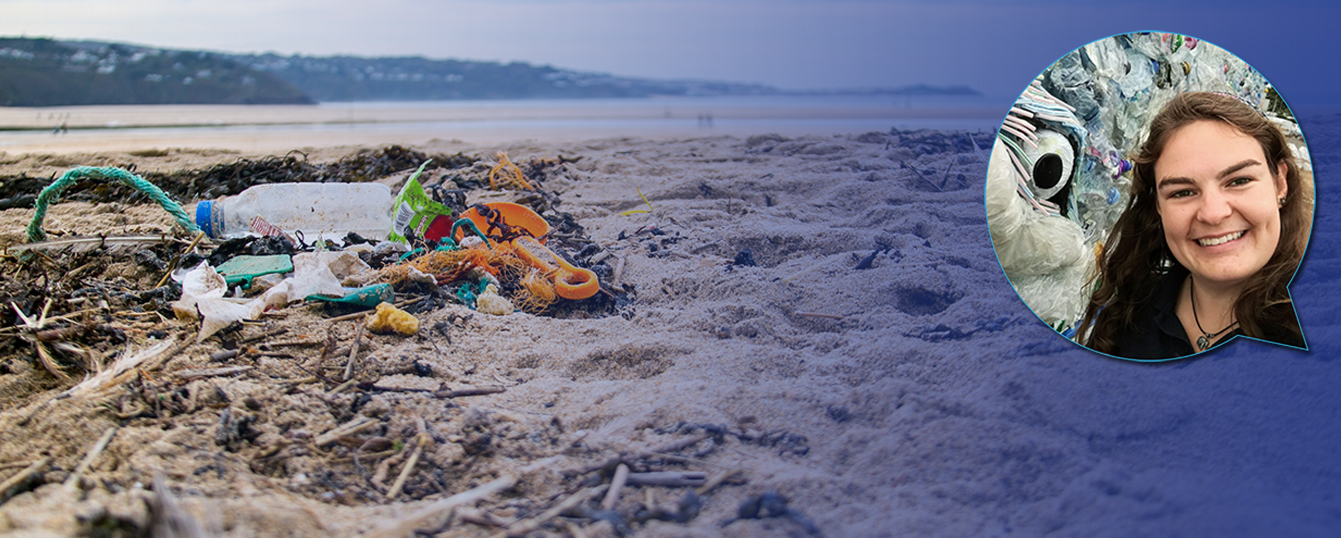 Single-use plastic bottle lies on the beach, along with other litter to be cleaned. Inset shows MCS's Catherine Gemmel.