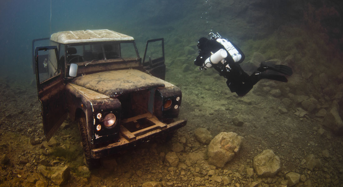 Diver near a sunken Series 3 Landrover at NDAC, Chepstow