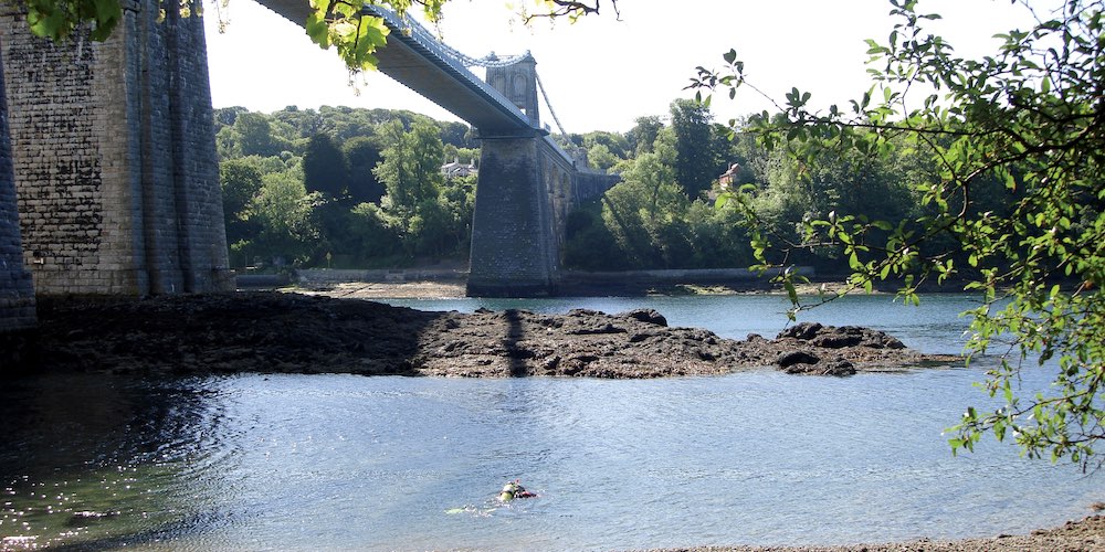 A diver below the Menai Suspension Bridge