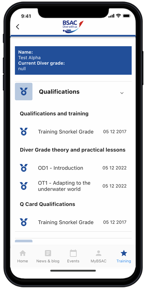 My BSAC App qualifications screen