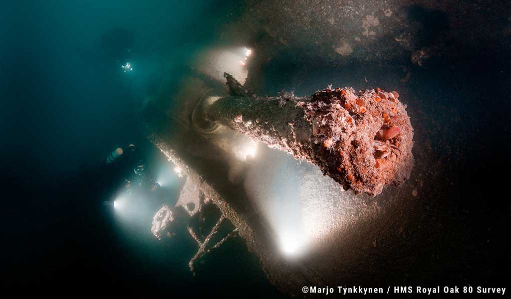 Divers illuminate a six inch casemate gun o HMS Royal Oak