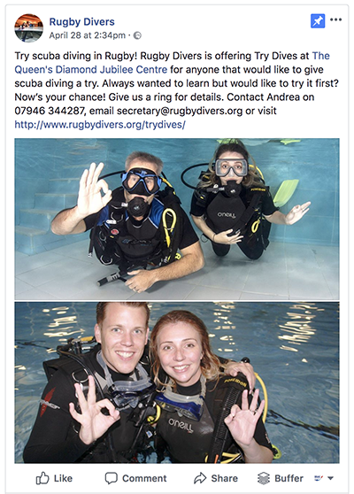 Rugby Divers boosted Facebook post